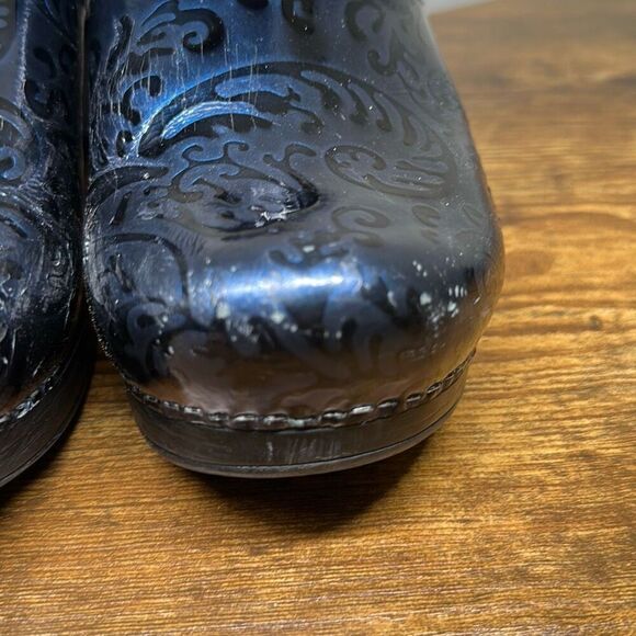 Dansko Womens Black Blue Leather Slipon mules Chunky Heel Clogs size 39 EU US - Picture 4 of 14